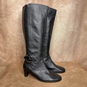 Y2K Calf High Heeled Boots Black Leather Buckle Zip Up Euro Witchy Indie Sleaze